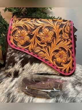 Authentic Western 🌵Hand-Tooled Floral Leather Crossbody Bag -Pink Trim & Cowhide